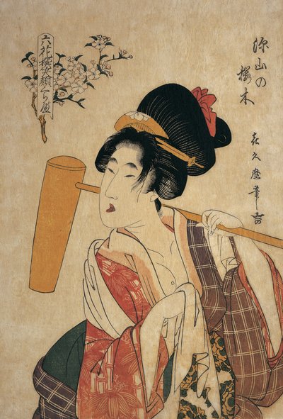 Primo piano di una giovane donna con un pestello di legno sulla spalla da Kitagawa Tsukimaro