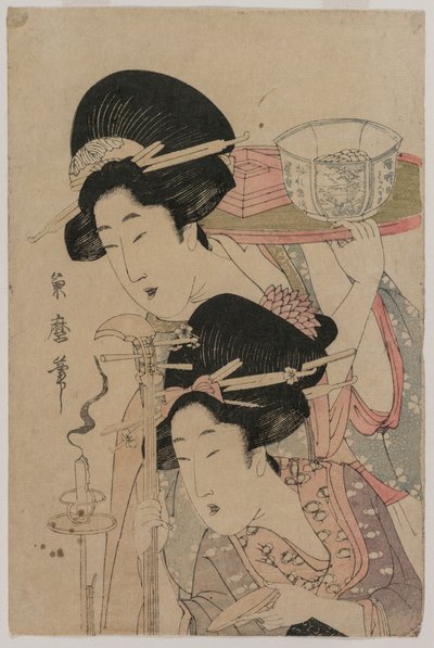 Due geishe accanto a una candela da Kitagawa Tsukimaro