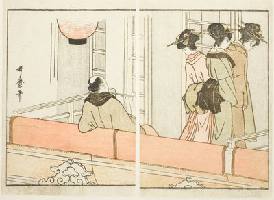 Un palco del teatro Kabuki, dal libro illustrato "Guida ai camerini degli attori (Yakusha gakuya tsu)". da Kitagawa Utamaro