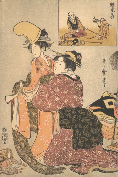 Una donna che veste una ragazza per la danza Kabuki “Musume Dojoji..., ca. 1795-96 da Kitagawa Utamaro