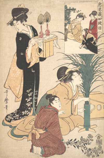 Una donna e un uomo che sistemano fiori per il festival della luna Tsukimi da Kitagawa Utamaro