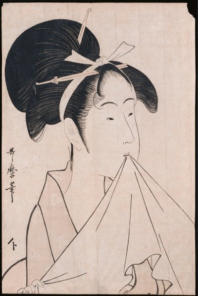 Ritratto a busto di Okita del Naniwaya che tiene un asciugamano in bocca e allunga il tessuto da Kitagawa Utamaro