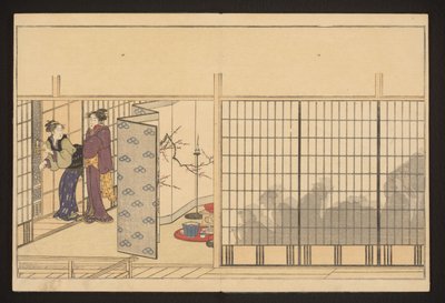 Una festa in una casa con due donne a sinistra da Kitagawa Utamaro