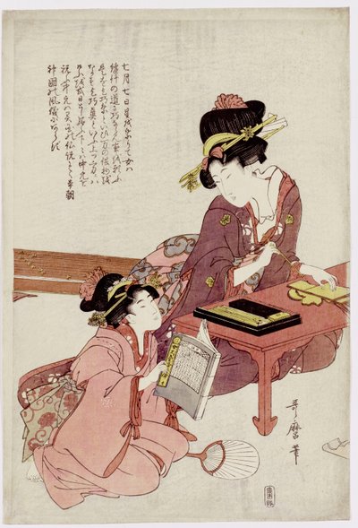 Una giovane donna seduta a una scrivania, scrivendo, una ragazza con un libro osserva da Kitagawa Utamaro
