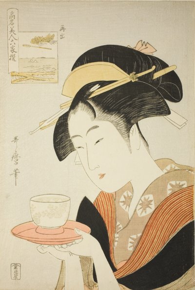 Apparendo di nuovo: Naniwaya Okita, dalla serie "Bellezze rinomate paragonate ai sei poeti immortali" ("Komei bijin rokkasen") da Kitagawa Utamaro