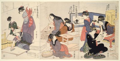 Artista, Incisore di Blocchi, Applicazione della Dimensione (Eshi, hangashi, dosa-biki), dalla serie La Coltivazione delle Stampe Broccate, un Prodotto Famoso di Edo (Edo meibutsu nishiki-e kosaku) da Kitagawa Utamaro