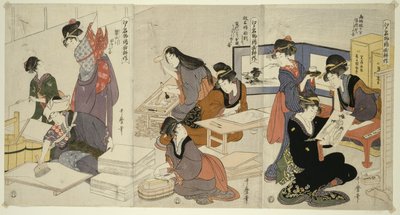 Artista, Incisore di Blocchi, Applicando la Colla, dalla serie La Coltivazione delle Stampe Broccate, Un Prodotto Famoso di Edo, c.1803 da Kitagawa Utamaro