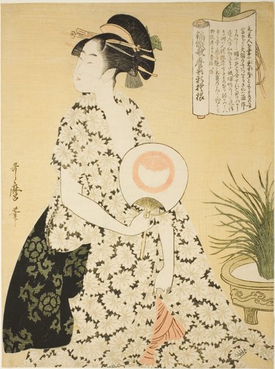 Bellezza che indossa un kimono estivo, dalla serie "Nuovi modelli di broccato tessuti in stile Utamaro" ("Nishiki-ori Utamaro-gata-shinmoyo") da Kitagawa Utamaro