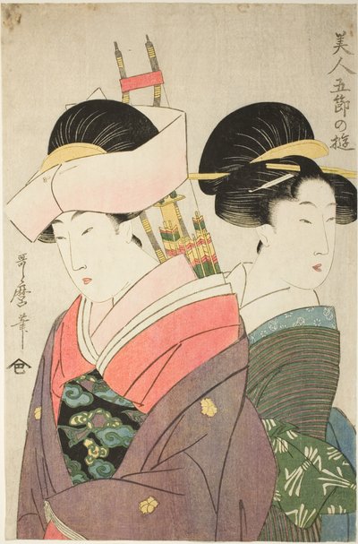 Bellezza e assistente nel giorno di Capodanno, dalla serie "Piaceri per le bellezze nei cinque giorni di festa" ("Bijin gosetsu no asobi") da Kitagawa Utamaro