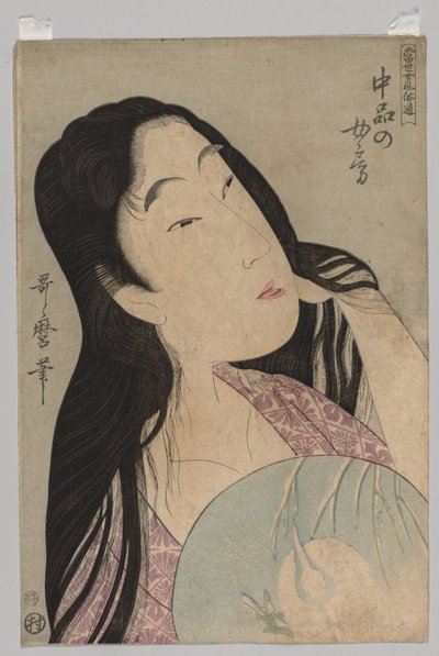 Busto di donna con capelli sciolti che tiene un ventaglio da Kitagawa Utamaro