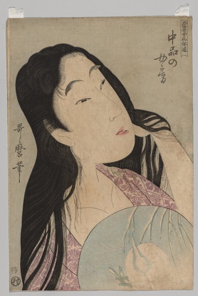 Busto di donna con capelli sciolti che tiene un ventaglio, 1753-1806 da Kitagawa Utamaro