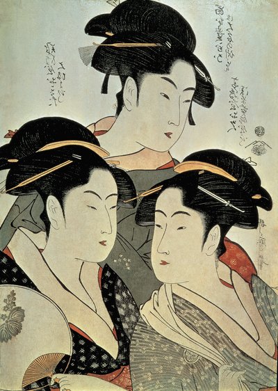 Primo piano di un dipinto di tre donne, Kitagawa Utamaro, era Kansei, Giappone da Kitagawa Utamaro