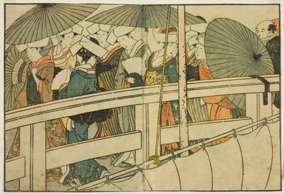 Attraversamento di un ponte in estate, dal libro illustrato "Libro illustrato: Fiori delle quattro stagioni (Ehon shiki no hana)," vol. 1 da Kitagawa Utamaro