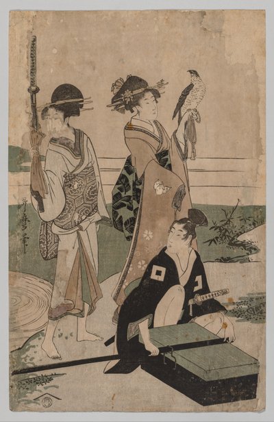 Daimyō e il suo seguito che attraversano un ruscello in una pianura vicino a Fuji da Kitagawa Utamaro