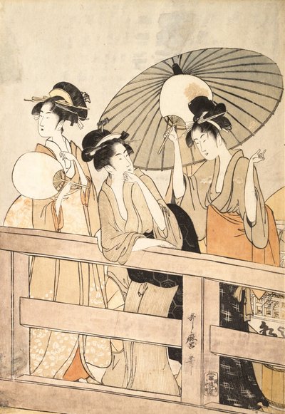 Godendo la fresca brezza serale sul e sotto il ponte da Kitagawa Utamaro