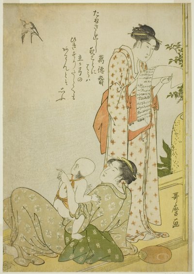Fresco serale sulla veranda (Ensaki no yusuzumi): Scene di genere con poesie kyoka, in formato aiban (Kyoka-iri aiban fuzoku zu) da Kitagawa Utamaro