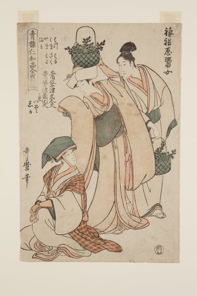 Venditrici di cipolle primaverili (Tsuma-awase, negi hisakime) (stampa xilografica a colori) da Kitagawa Utamaro