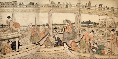 Barche da pesca con reti sotto il ponte di Ryogoku da Kitagawa Utamaro