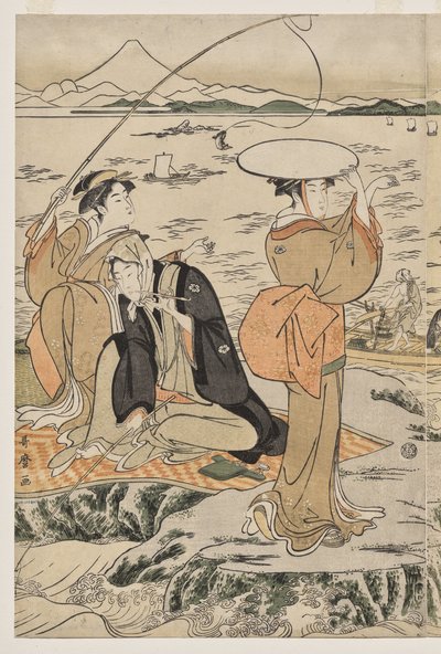 Pesca sulla roccia del tagliere a Enoshima da Kitagawa Utamaro