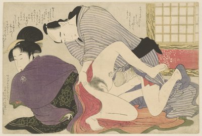 Geisha e amante vicino a un paravento da Kitagawa Utamaro
