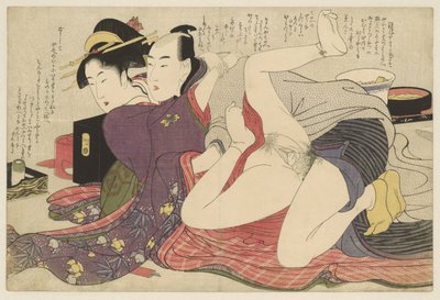 Geisha in kimono con maniche lunghe e il suo amato da Kitagawa Utamaro