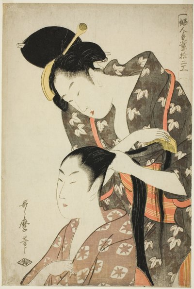 Parrucchiera, dalla serie "Dodici tipi di artigianato femminile (Fujin tewaza juni ko)". da Kitagawa Utamaro