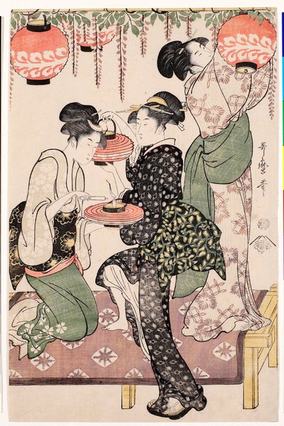 Ragazze di una casa da tè giapponese che appendono lanterne a un graticcio di glicine da Kitagawa Utamaro