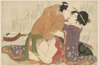 Giovane cittadina con amante vicino a uno shamisen da Kitagawa Utamaro