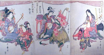 Kintaro, Urashimataro e Momotaro, dal trittico "Set di tre tazze da sake per il primo mese (Tarozuki mitsugumi sakazuki)". da Kitagawa Utamaro