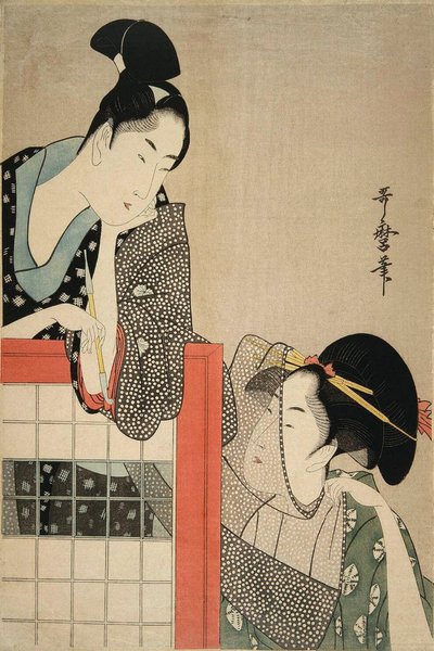 Signora e gentiluomo accanto a uno schermo da Kitagawa Utamaro