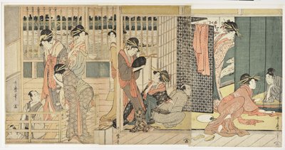 Partenza mattutina presso gli alloggi temporanei del quartiere del piacere, 1801 da Kitagawa Utamaro