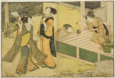 Giochi di Capodanno di Volano, Racchetta e Palla a Mano, dal libro illustrato "Libro Illustrato: Fiori delle Quattro Stagioni," vol. 1 da Kitagawa Utamaro