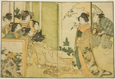 Spettacolo di Manzai di Capodanno nella dimora di un signore feudale, dal libro illustrato "Libro illustrato: Fiori delle quattro stagioni (Ehon shiki no hana)", vol. 1 da Kitagawa Utamaro