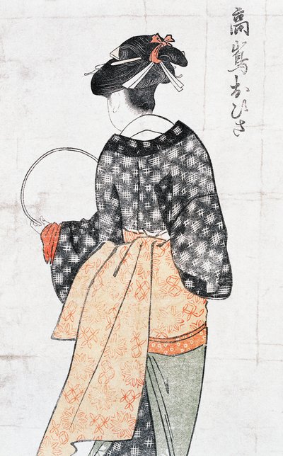Ohisa della casa da tè Takashima, donna in kimono con ventaglio, stampa d
