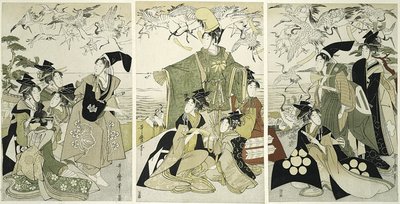Parodia di Minamoto no Yoritomo che libera le gru a Yuigahama da Kitagawa Utamaro