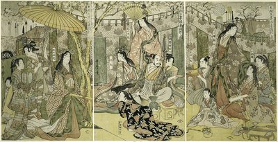 Immagine di Hideyoshi e le sue Cinque Mogli che Ammirano i Fiori di Ciliegio a Higashiyama da Kitagawa Utamaro
