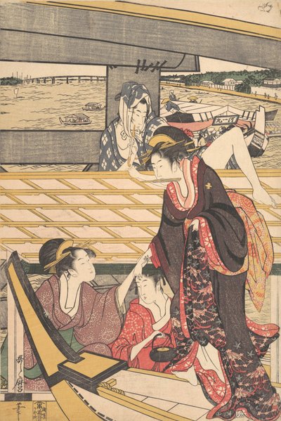 Feste in barca sul fiume Sumida sotto il ponte Ryogoku da Kitagawa Utamaro