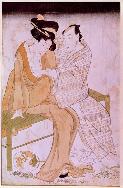 Rappresentazione di una coppia giapponese che si accarezza su una panchina. Stampa di Utamaro Kitagawa (1753-1806). Parigi, Museo Guimet, Museo Nazionale delle Arti Asiatiche da Kitagawa Utamaro