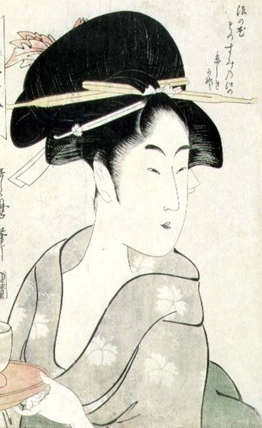 Ritratto busto di una donna che tiene una tazza da tè, dalla serie `Meisho Koshikake Hakkei` da Kitagawa Utamaro