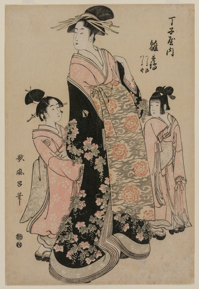 La cortigiana Hinazuru di Chojiya con le sue assistenti Tsuruji e Tsuruno, c. 1794 da Kitagawa Utamaro