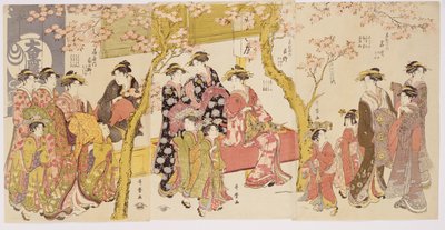 Tre gruppi di cortigiane con i loro Shinzo e Kamuro da Kitagawa Utamaro