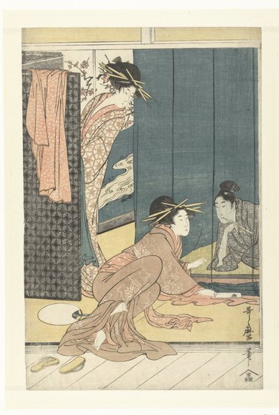 Due cortigiane e un giovane sotto una zanzariera da Kitagawa Utamaro