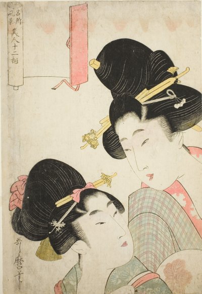 Due ragazze, dalla serie "Dodici fisionomie di belle donne che rappresentano vedute di luoghi famosi (Meisho fukei bijin juni so)" da Kitagawa Utamaro