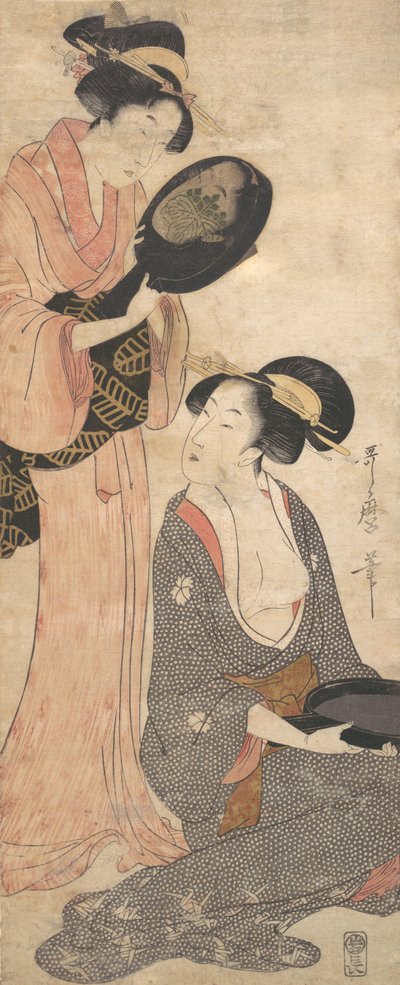 Due signore, ciascuna con una parte di uno specchio laccato, 1790s da Kitagawa Utamaro
