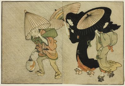 Due donne e un attendente sorpresi da una tempesta, dal libro illustrato "Libro dei fiori delle quattro stagioni," vol. 2 da Kitagawa Utamaro