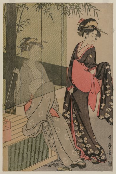 Due donne vicino a una tenda di bambù da Kitagawa Utamaro