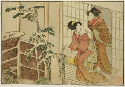 Due Donne sulla Veranda in una Mattina Nevosa, dal libro illustrato "Libro Illustrato: Fiori delle Quattro Stagioni (Ehon shiki no hana)," vol. 2 da Kitagawa Utamaro