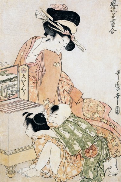 Due bambini che guardano in una grande scatola ottica da Kitagawa Utamaro