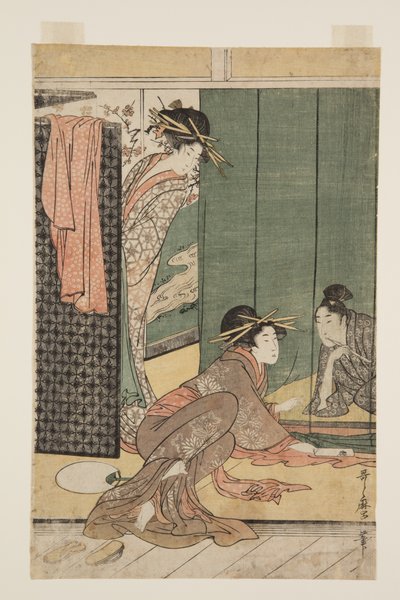 Due cortigiane e un giovane sotto una zanzariera da Kitagawa Utamaro