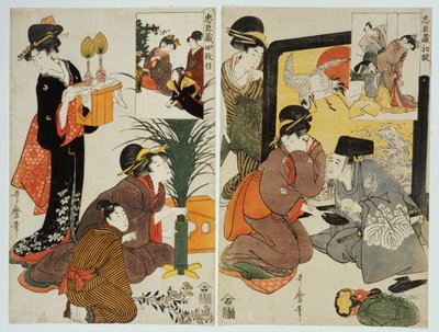 Due scene dalla serie "Lega Leale" che raffigurano la vita quotidiana di una famiglia del Periodo Edo da Kitagawa Utamaro